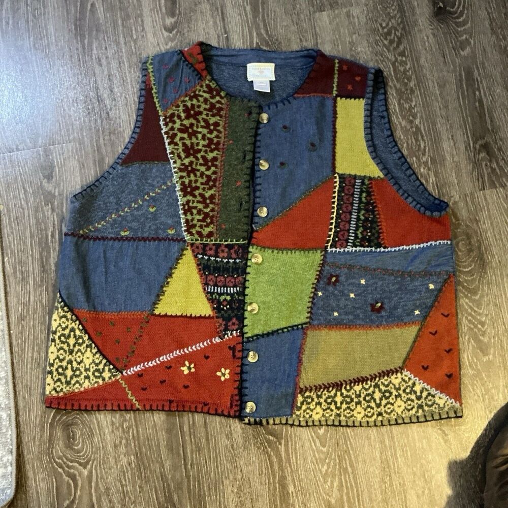 Susan Bristol Multicolor Patchwork Button-Front Sweater Vest